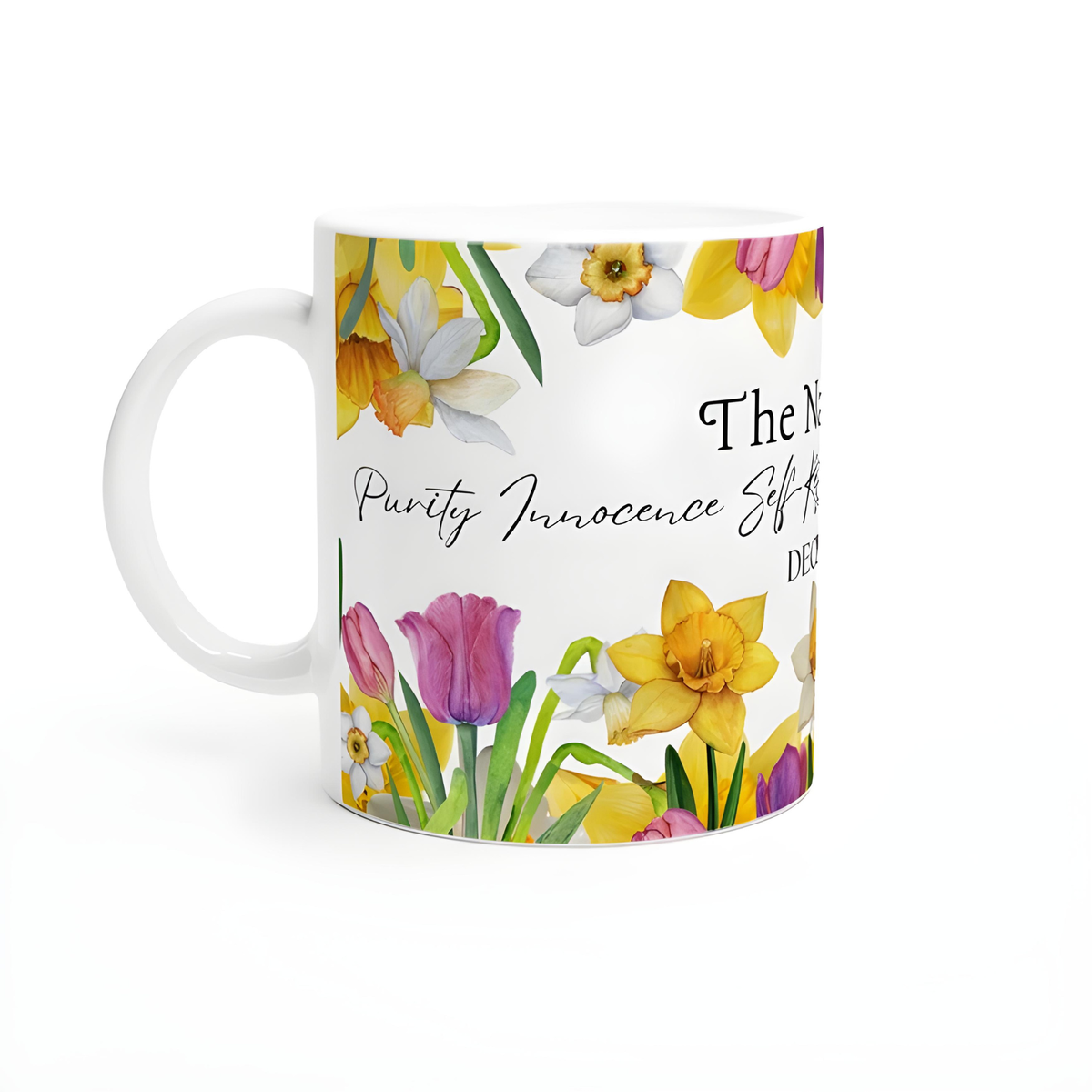 Daffodil & Narcissus December Floral Ceramic Mug — Self-Reflection & Growth by Printify
