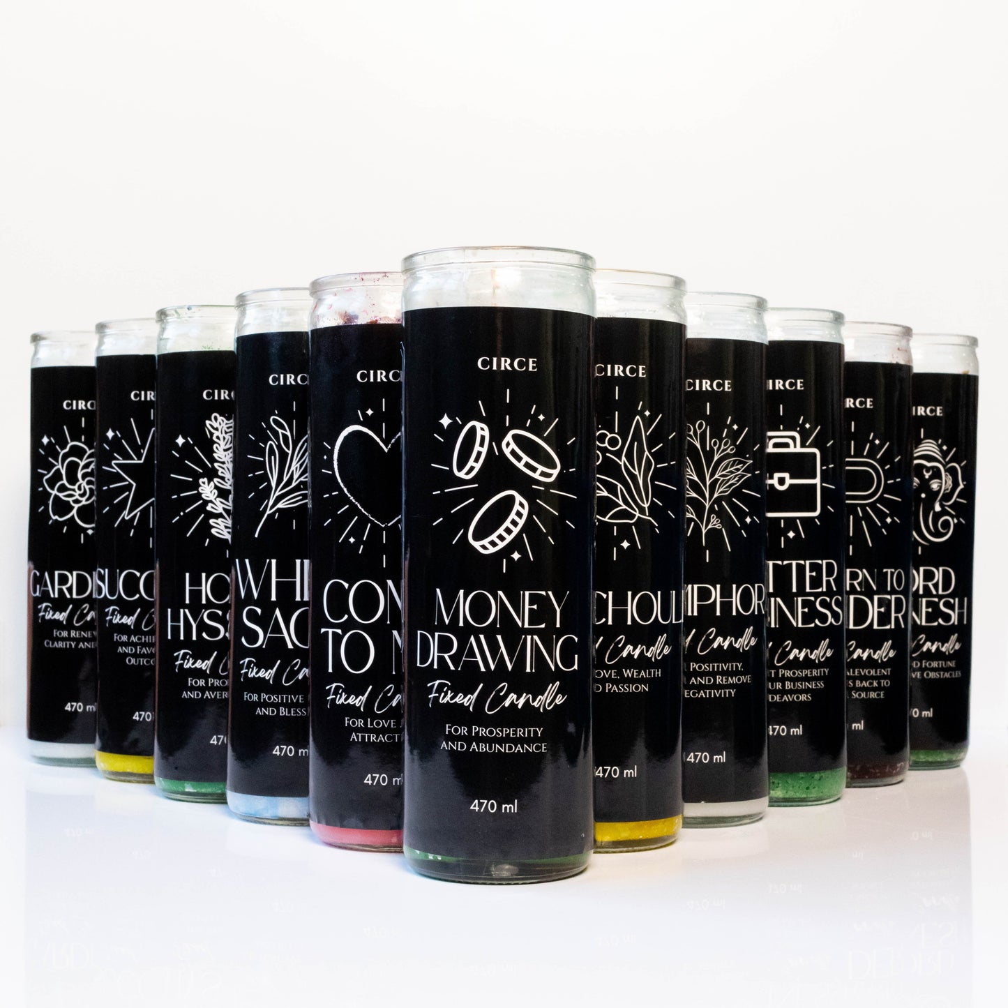 Row of black candles with white text and symbols on a white background