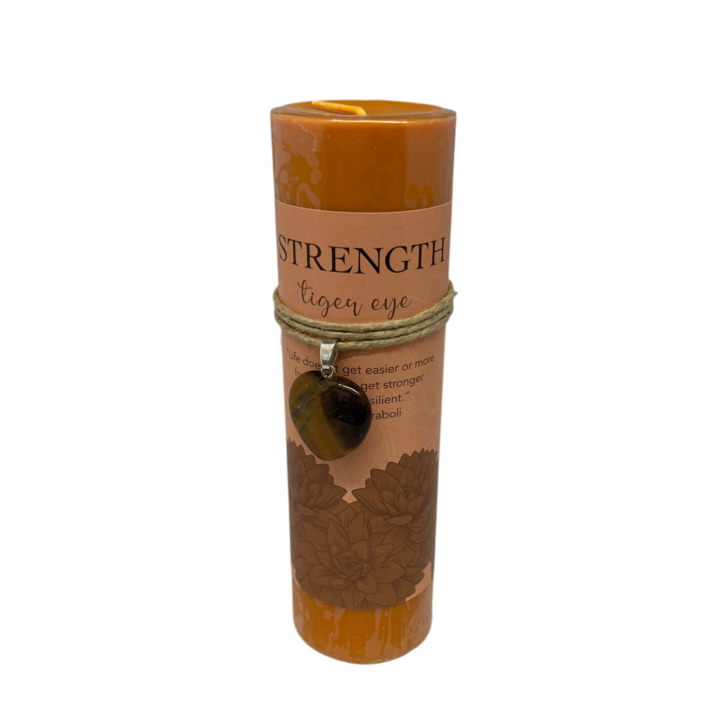 Candle in a decorative paper sleeve with 'Strength' text on a white background
