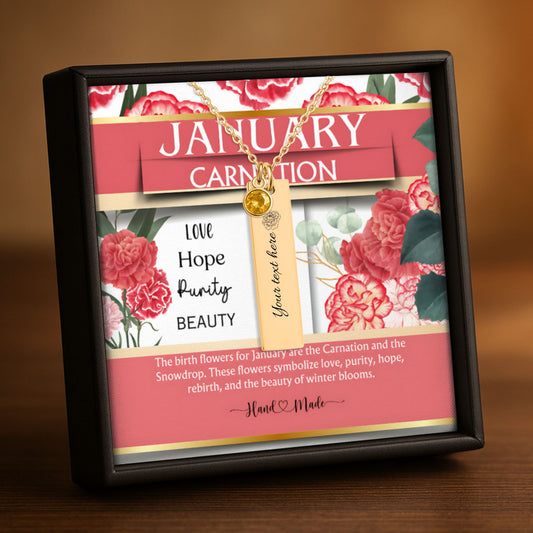 January Carnation Birth Flower Vertical Bar Necklace with Garnet Birthstone by OwnPrint