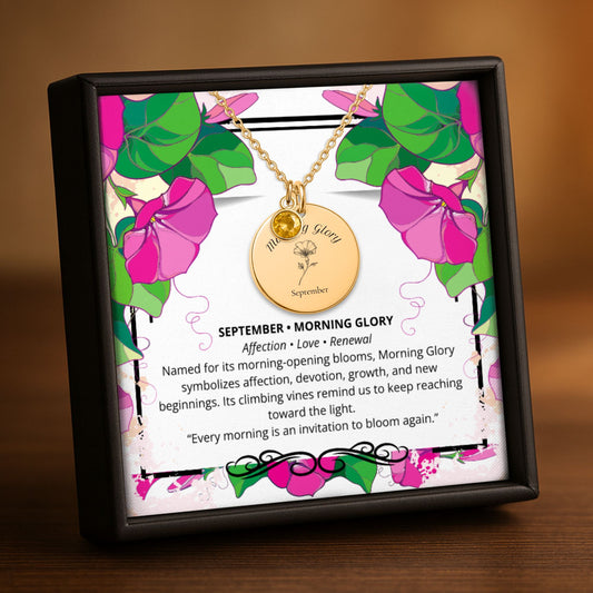 September Morning Glory Birth Flower Coin Necklace with Birthstone by OwnPrint