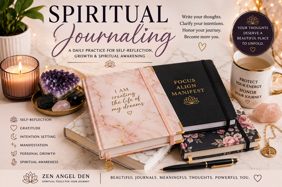 Fashionable spiritual journal with crystals for daily spiritual journaling and self-care