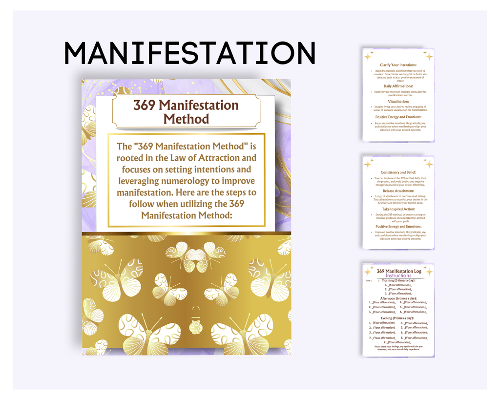 Manifestation guide with gold butterfly design on a white background