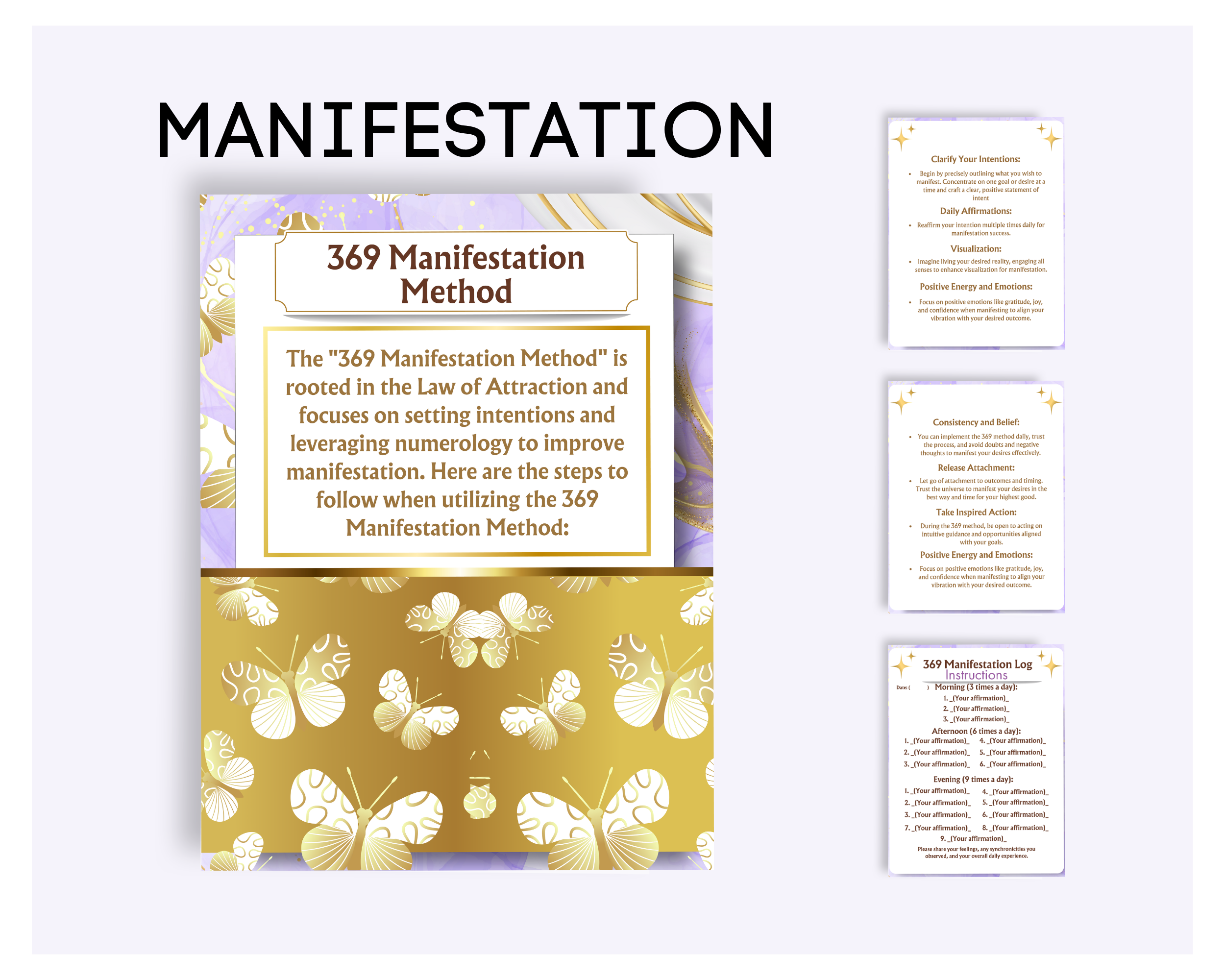 Manifestation guide with gold butterfly design on a white background