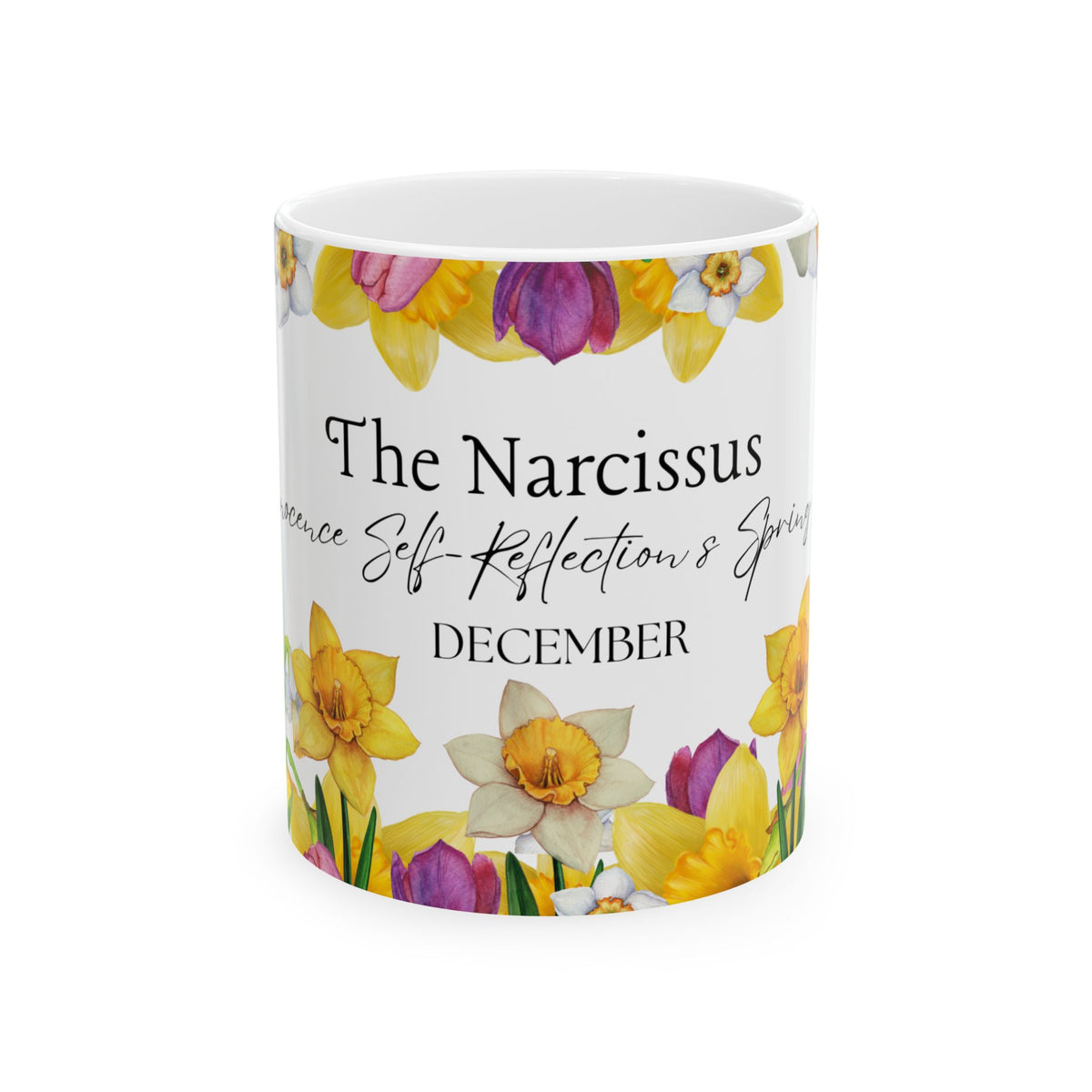 Daffodil & Narcissus December Floral Ceramic Mug — Self-Reflection & Growth by Printify