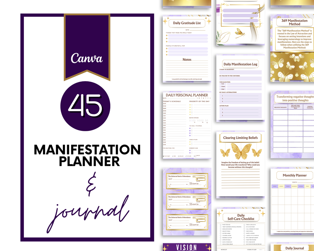 Manifestation planner with various pages and Canva branding.