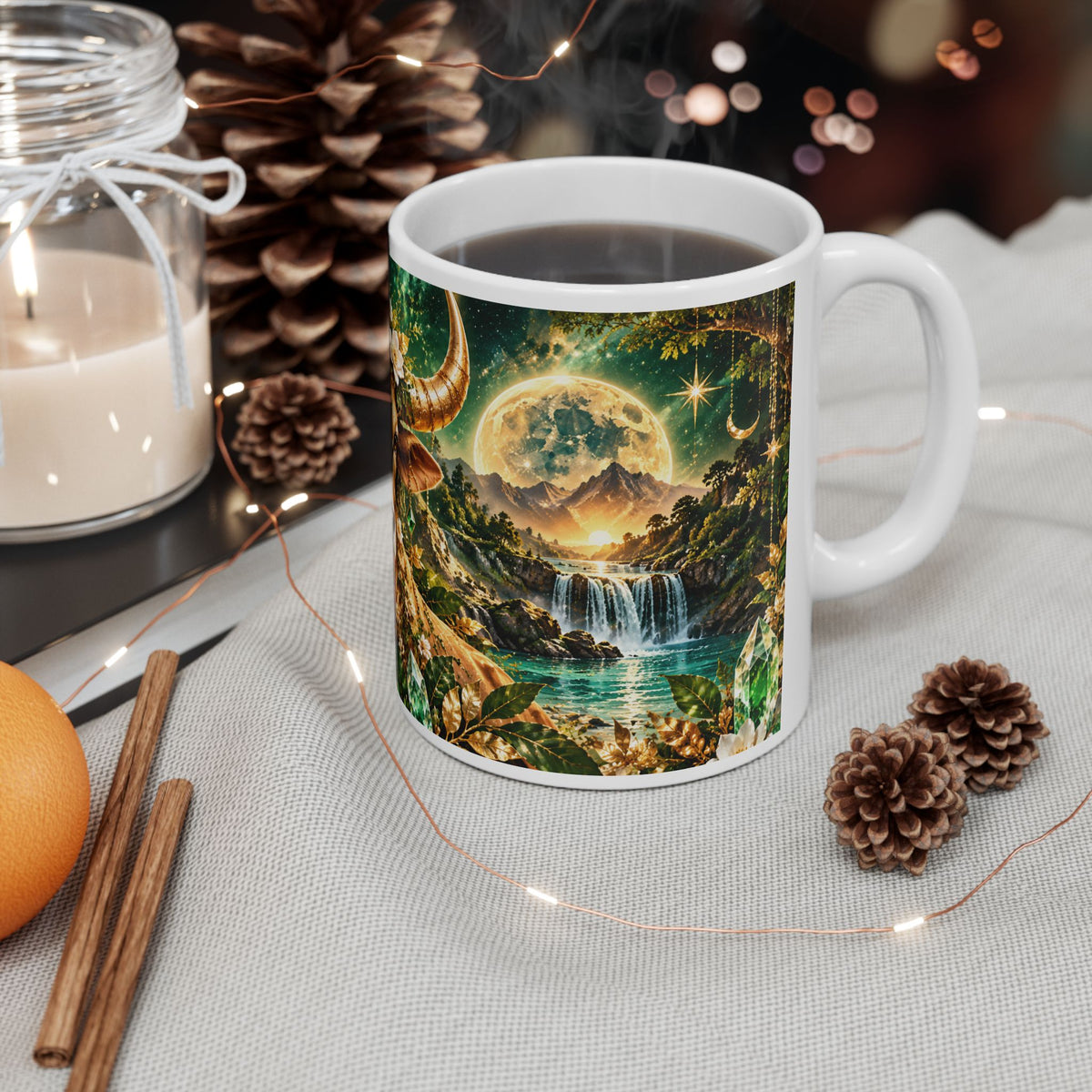 Rustic Floral Bull Ceramic Mug – Zodiac Taurus Coffee Cup (11oz/15oz) by Printify