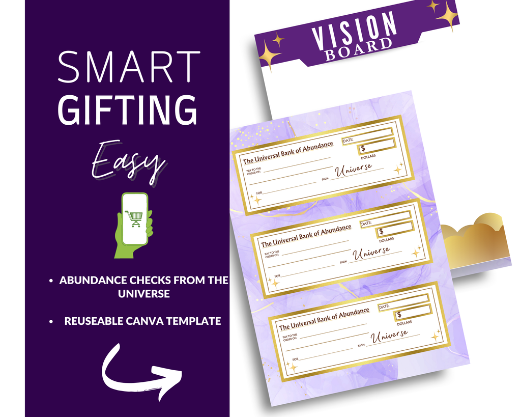 Vision board with 'Universal Bank of Abundance' checks and promotional text on a purple background