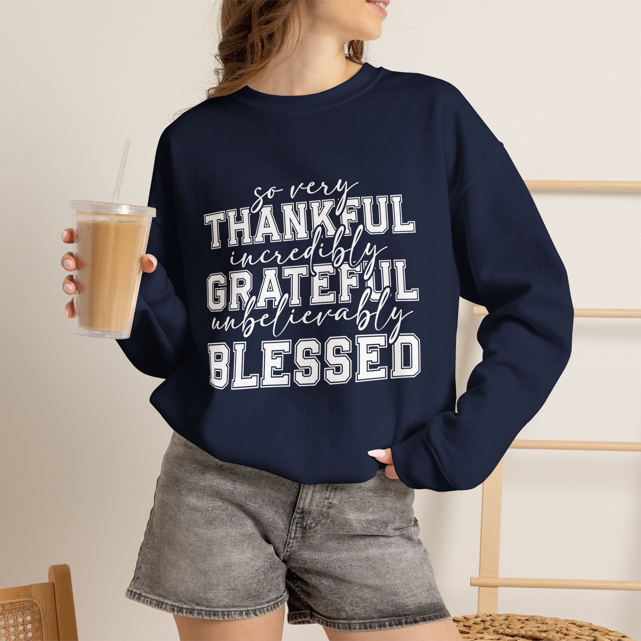 Thankful Grateful Blessed Crewneck Sweatshirt by Printify