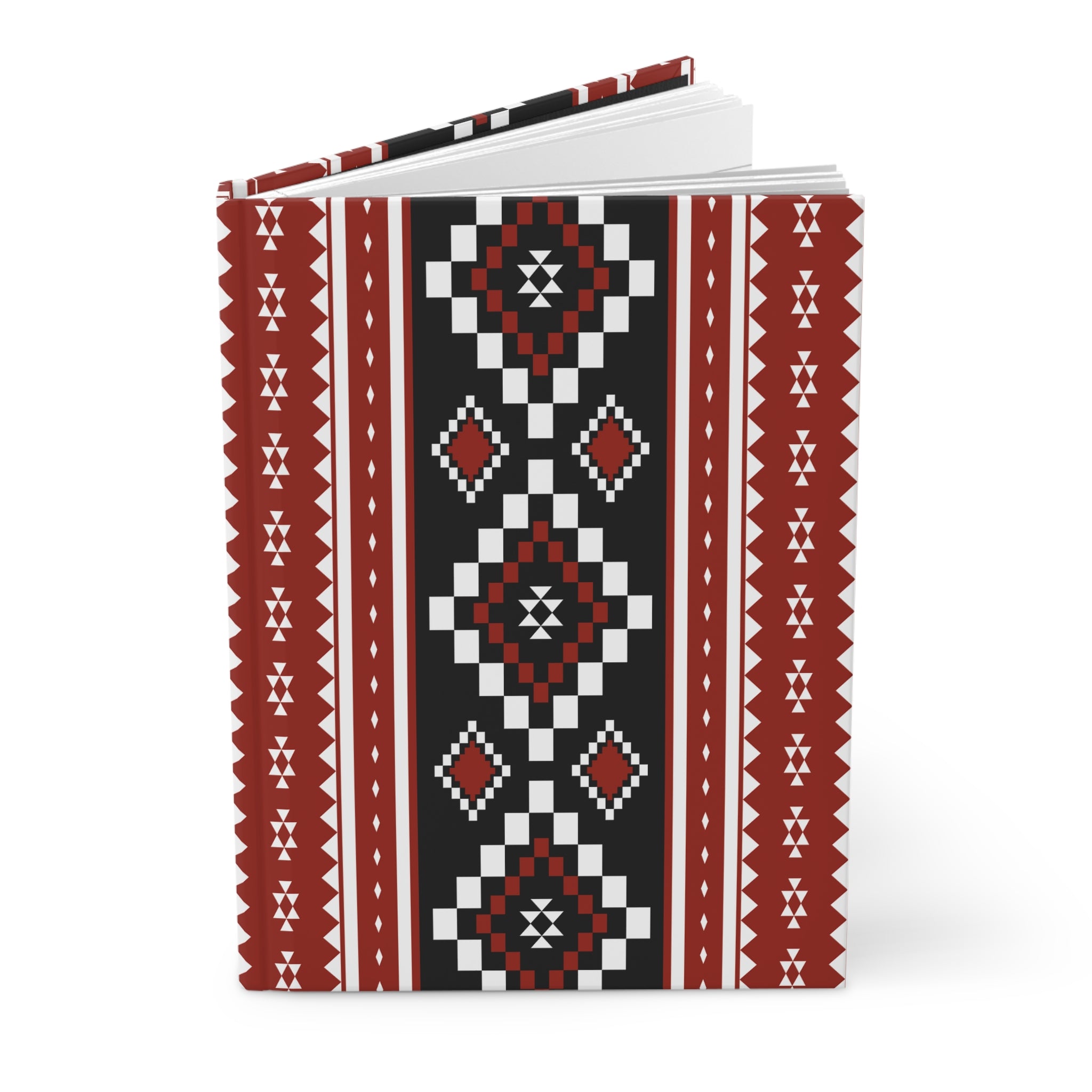 Tribal Geo Pattern Hardcover Journal — Red & Black Lined Notebook