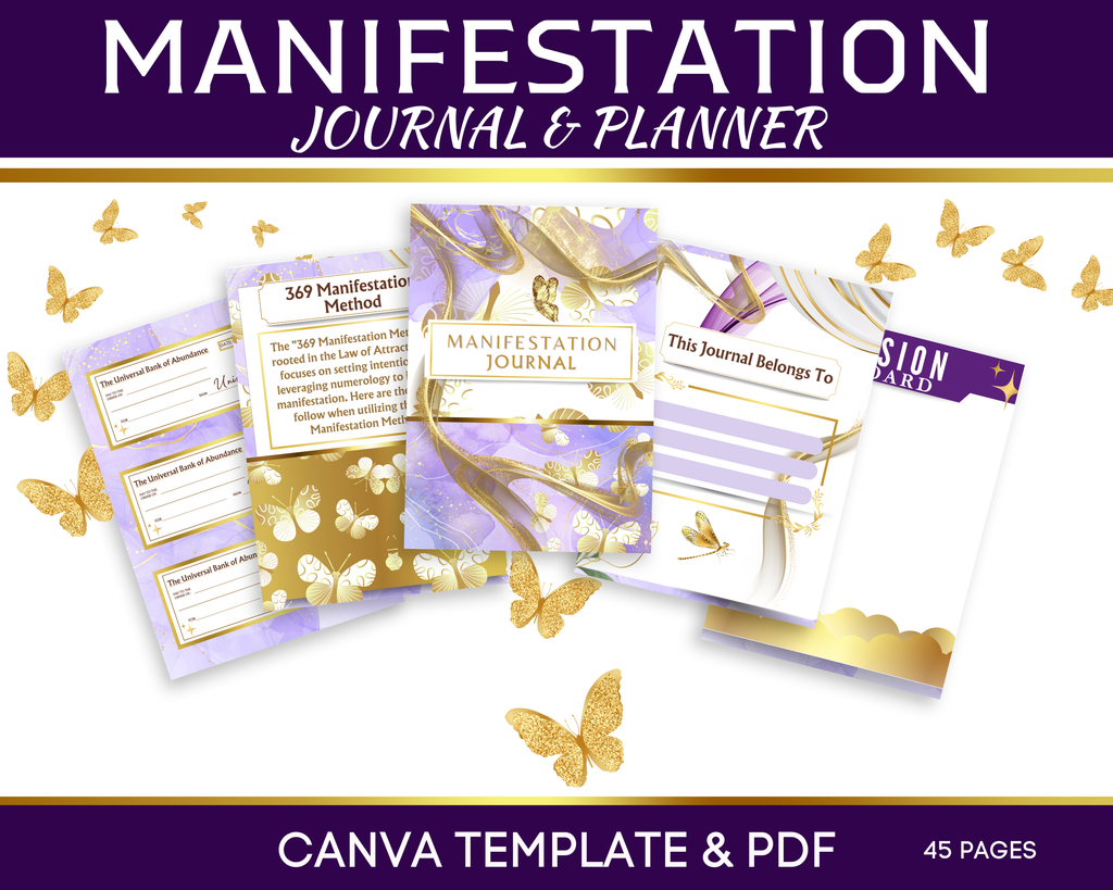 Manifestation Journal & Planner with Canva Template & PDF on a purple background