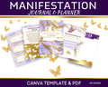 Manifestation Journal & Planner with Canva Template & PDF on a purple background