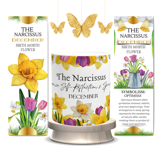 A decorative Narcissus-themed product display featuring a central white candle jar with floral artwork, flanked by two matching outer boxes, plus hanging gold butterflies above. The packaging and label read 'The Narcissus December' and include flower illustrations and symbolic text.