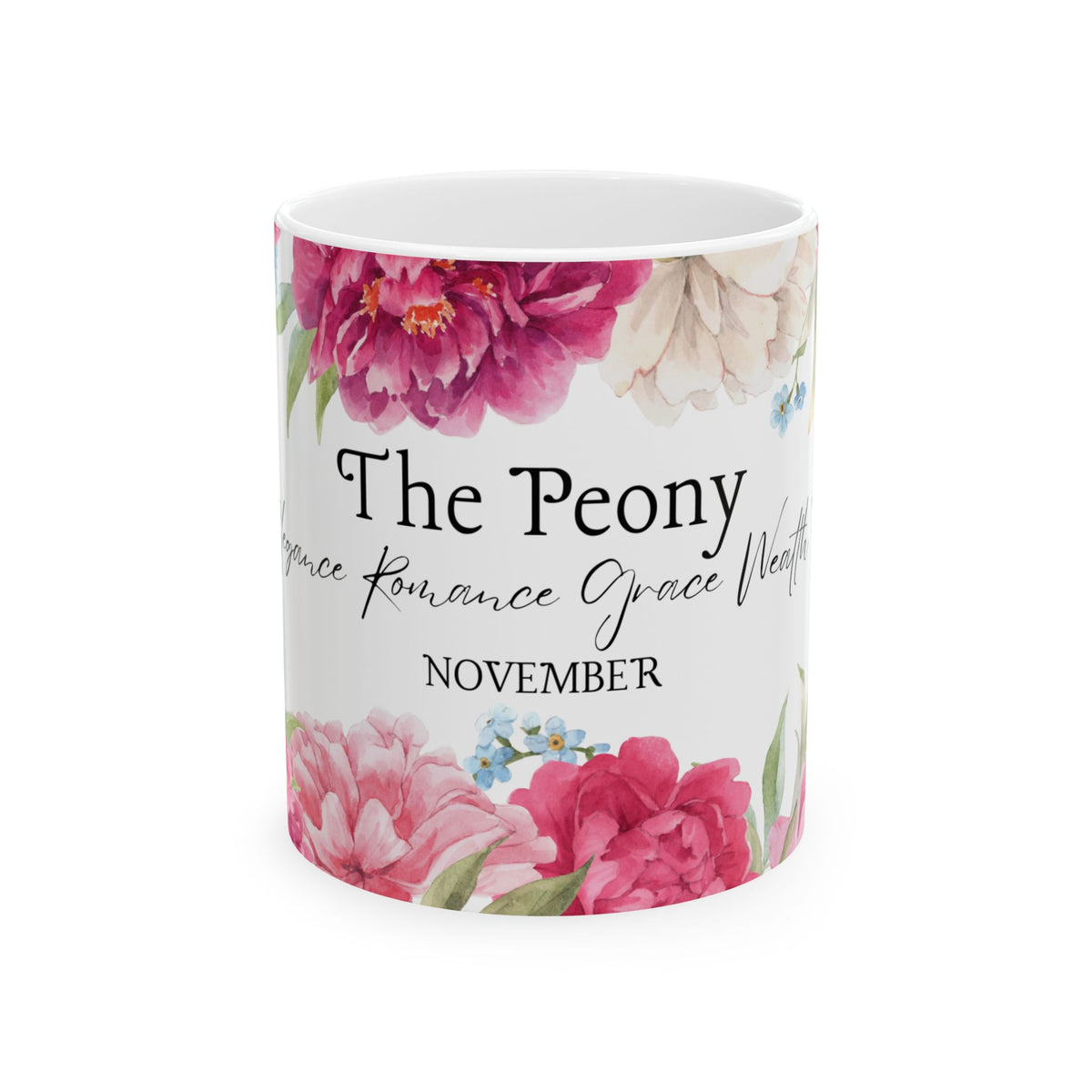 Peony Birth Flower Mug — November Floral Ceramic Coffee Cup (11oz/15oz) by Printify