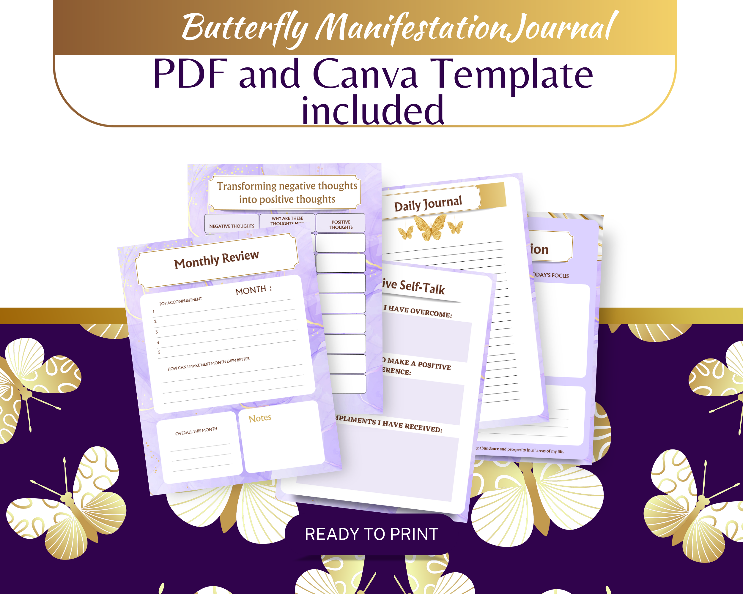 Butterfly Manifestation Journal with PDF and Canva Template included on a purple background with butterflies.