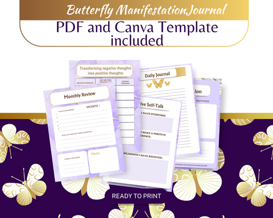 Butterfly Manifestation Journal with PDF and Canva Template included on a purple background with butterflies.