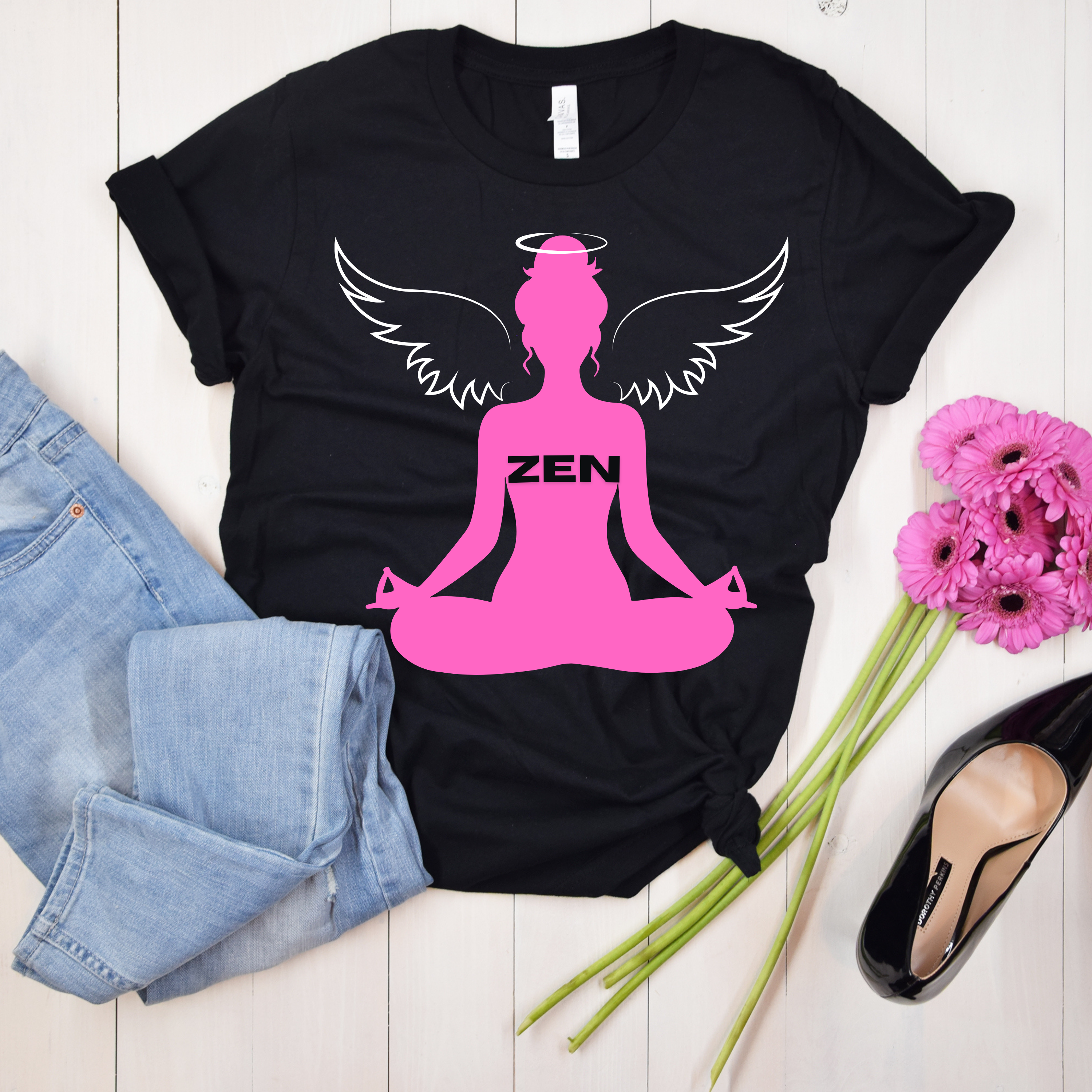 Zen Angel Meditation T-Shirt — Pink Lotus Pose Graphic