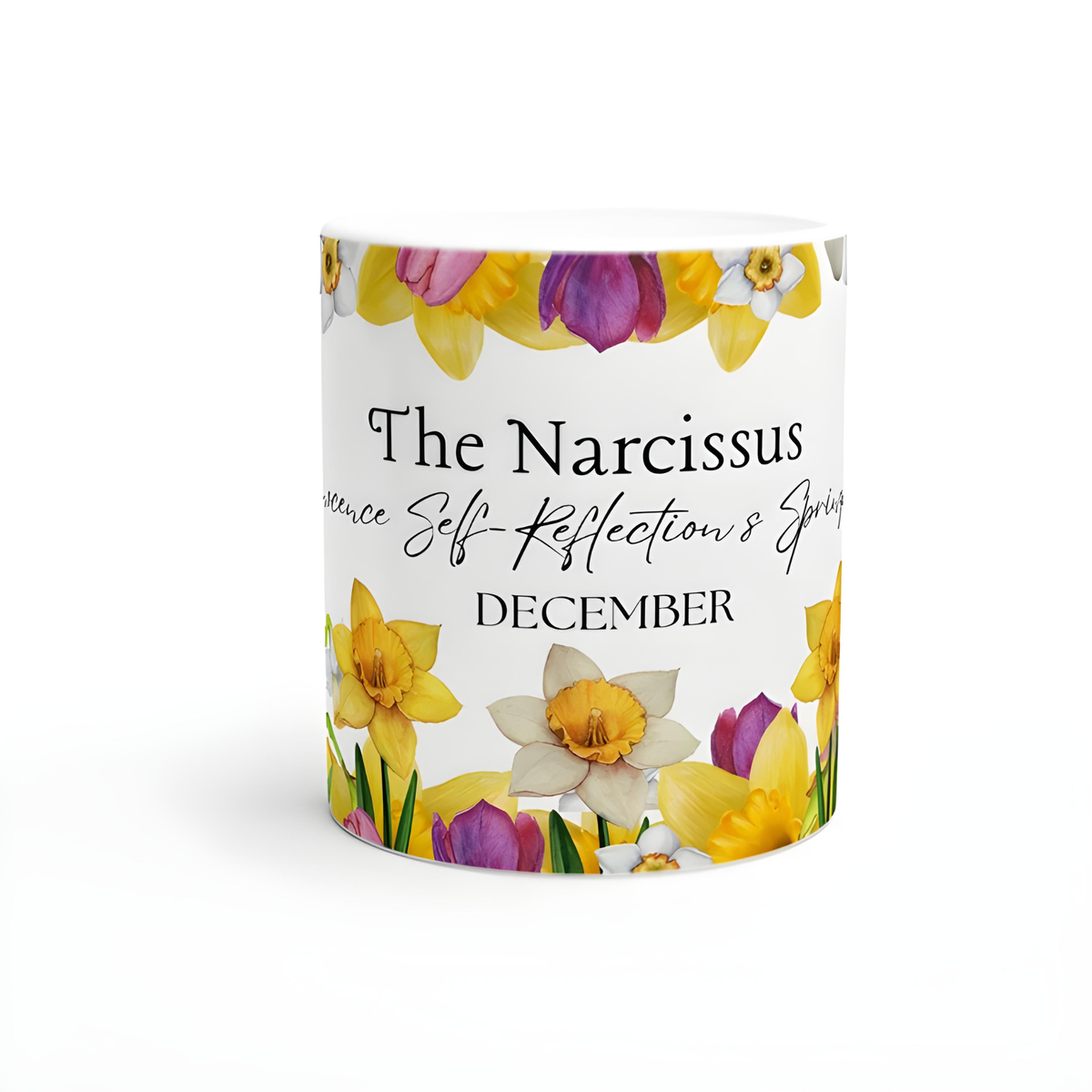 Daffodil & Narcissus December Floral Ceramic Mug — Self-Reflection & Growth by Printify
