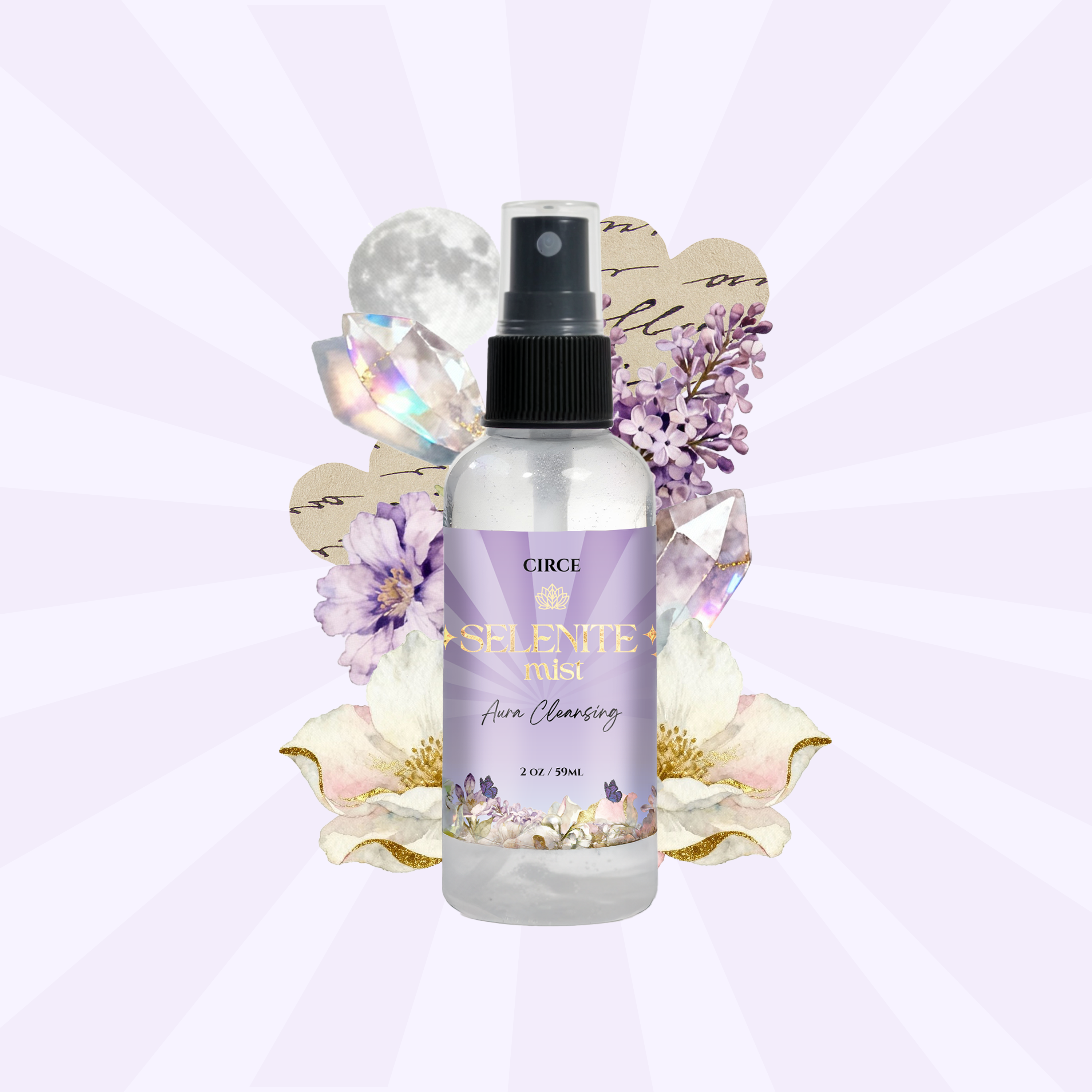 Circe Selene Mist bottle with floral decorations on a light purple background