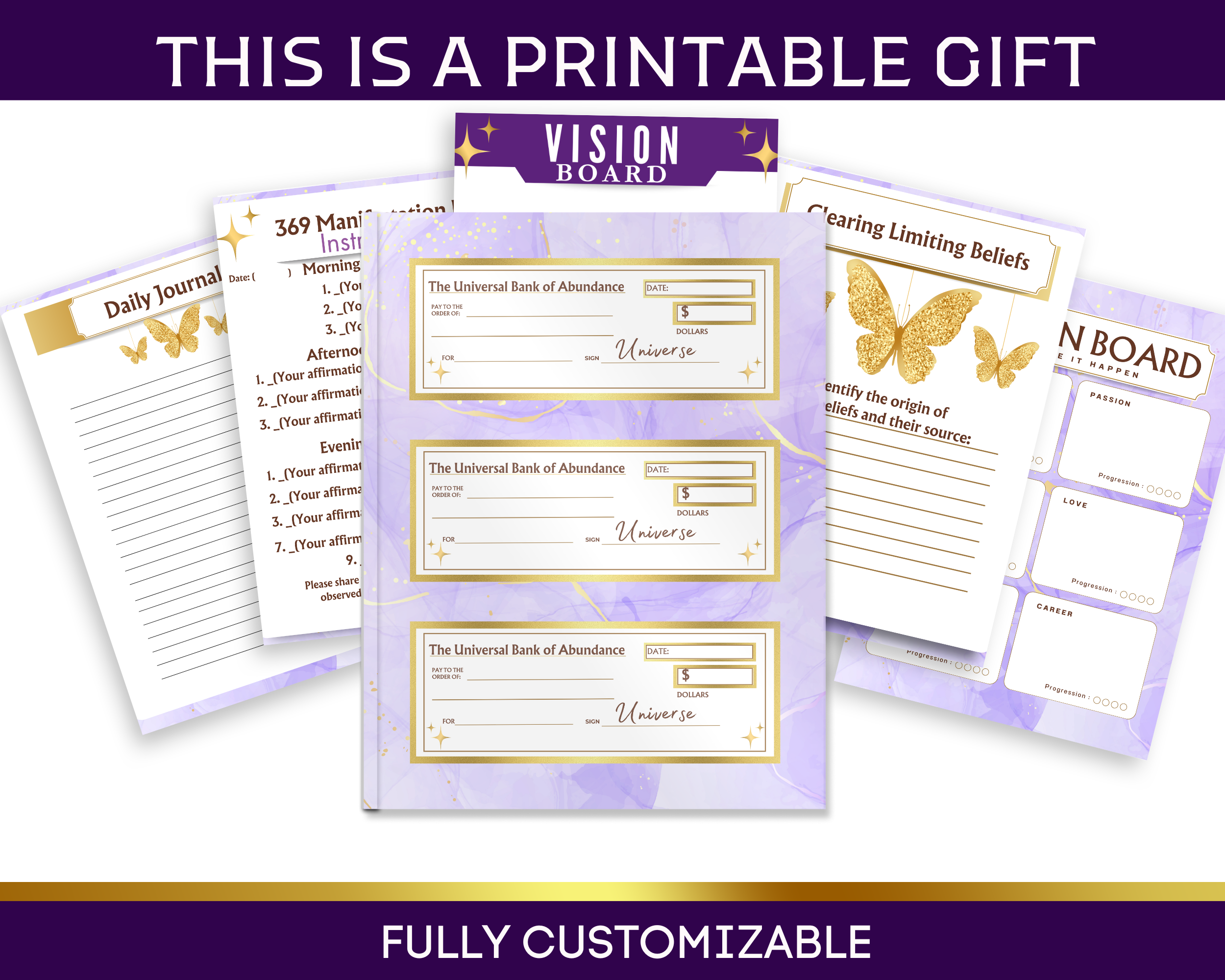 Vision board and journaling sheets with customizable text on a white background