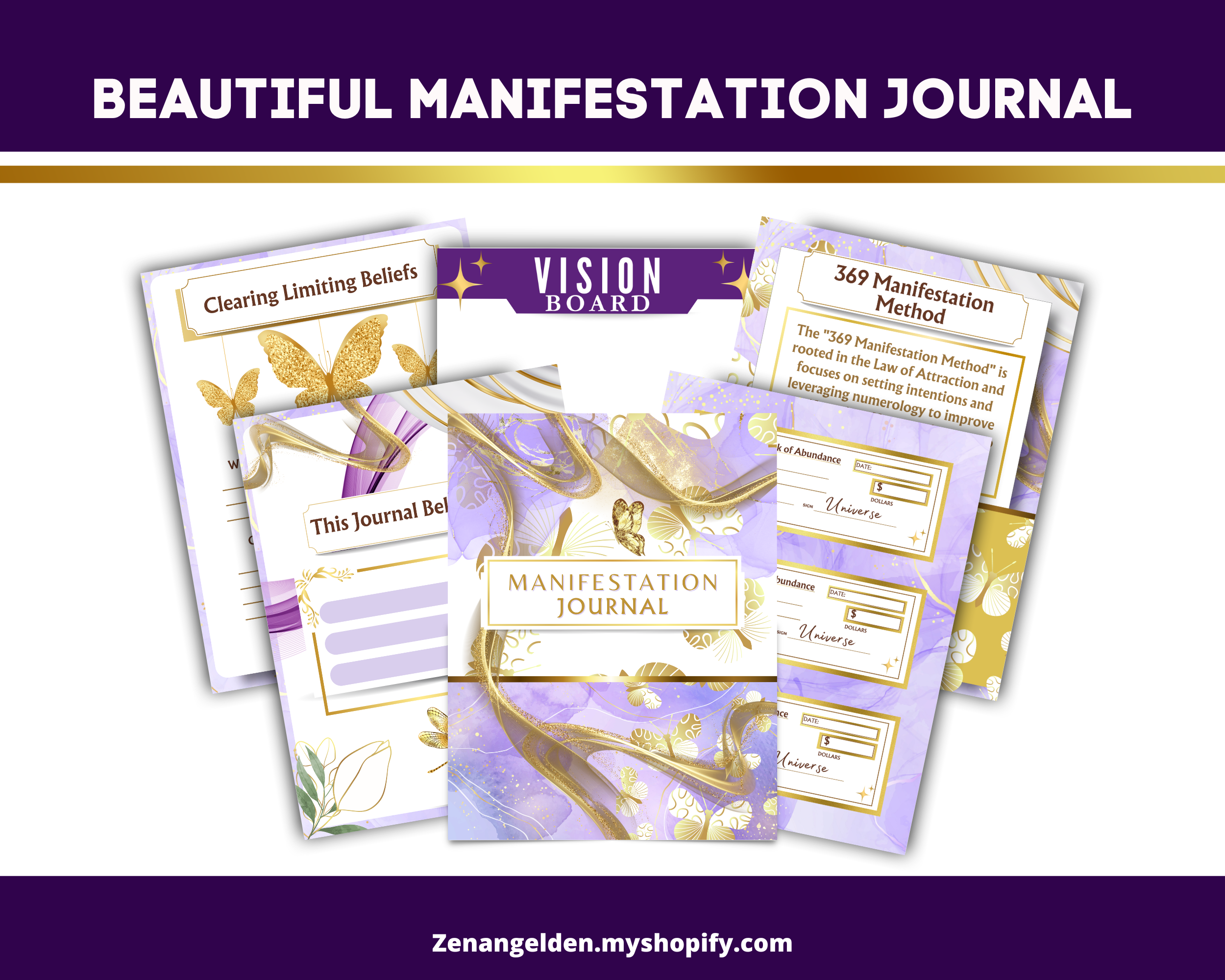 Manifestation journal with purple and gold design on a white background