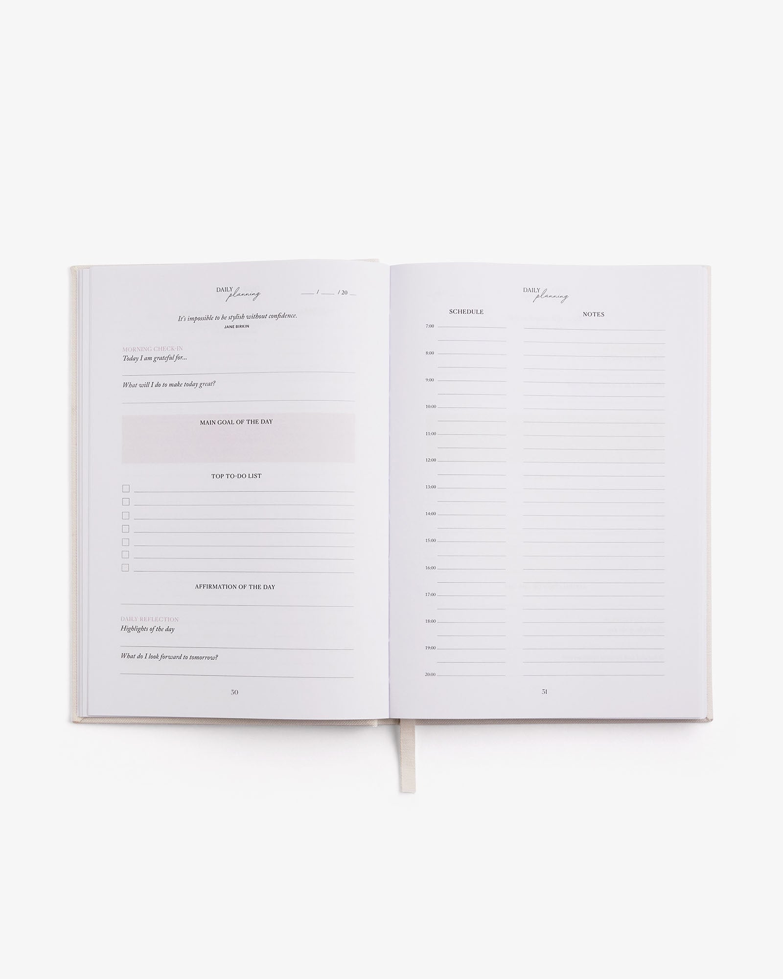 Open notebook with lined pages on a white background