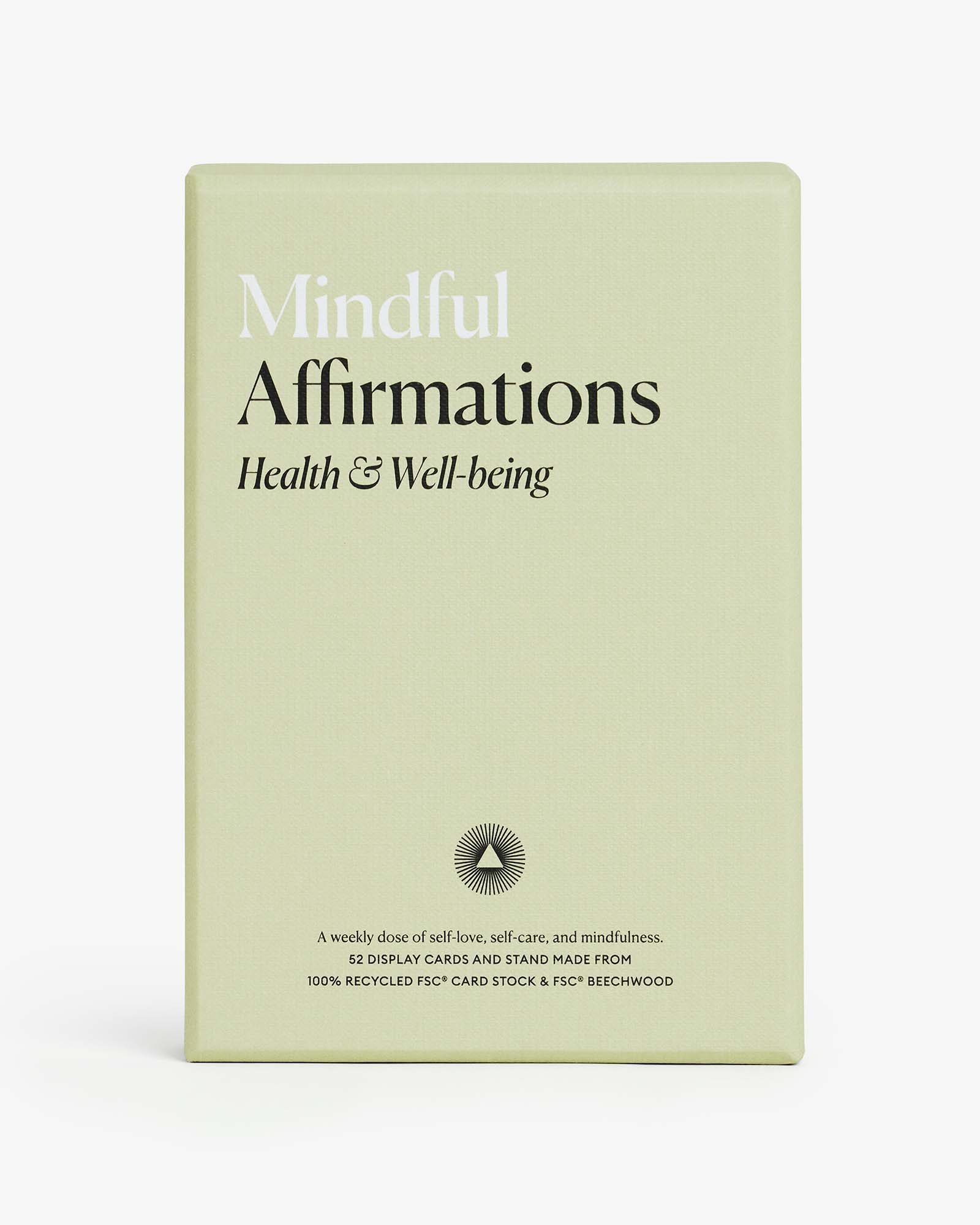 Pack of 'Mindful Affirmations' health and well-being cards on a light green background