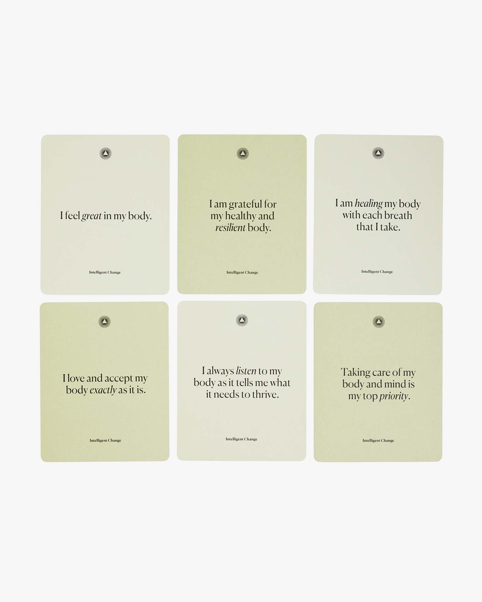 Six motivational cards with affirmations on a white background