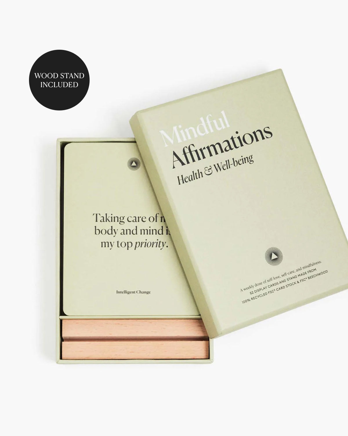 Mindful Affirmations book on a white background with 'Wood Stand Included' text.