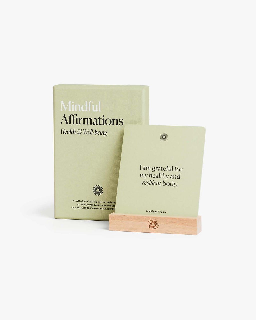 Mindful Affirmations book with a wooden stand on a white background