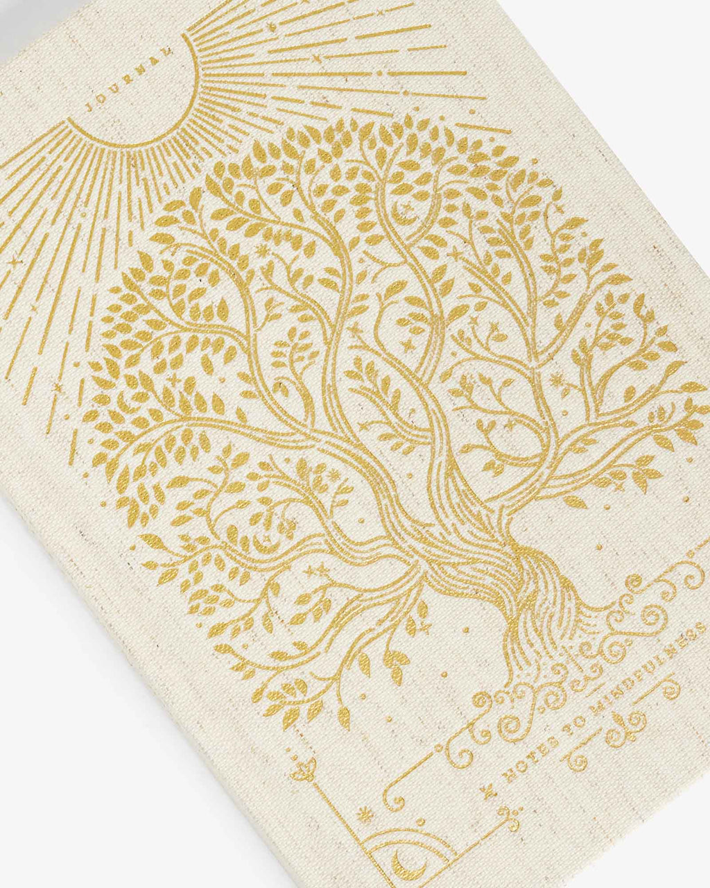 Beige notebook with gold tree of life design and text on a white background