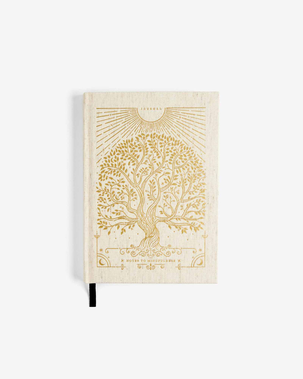 Beige notebook with embossed tree design on a white background