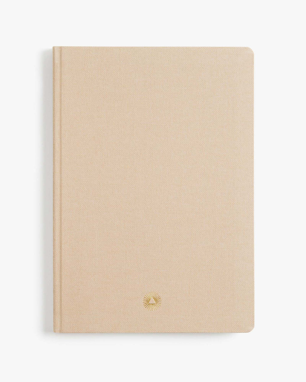 Beige notebook with a gold logo on a white background