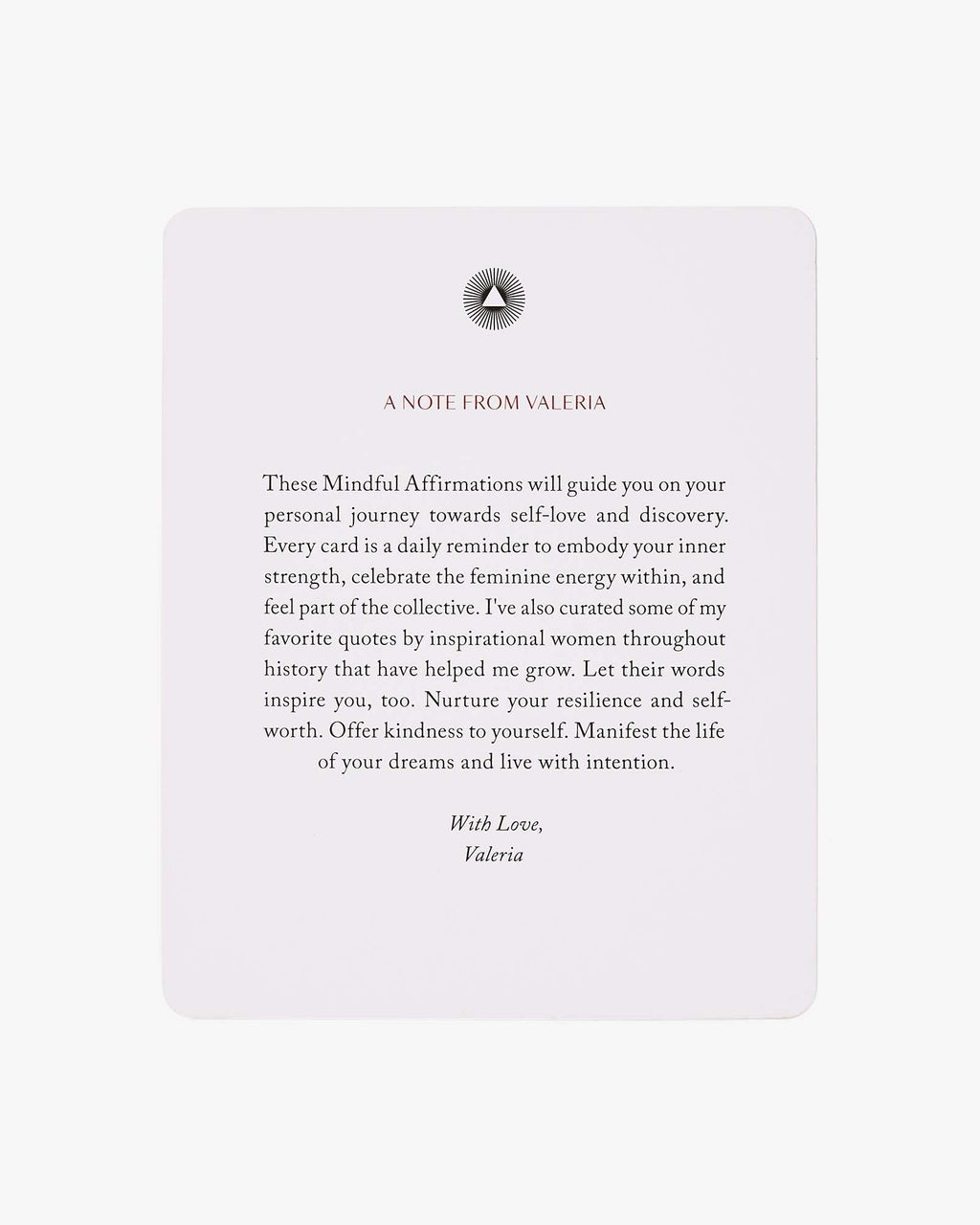 Card with text from Valeria on a white background