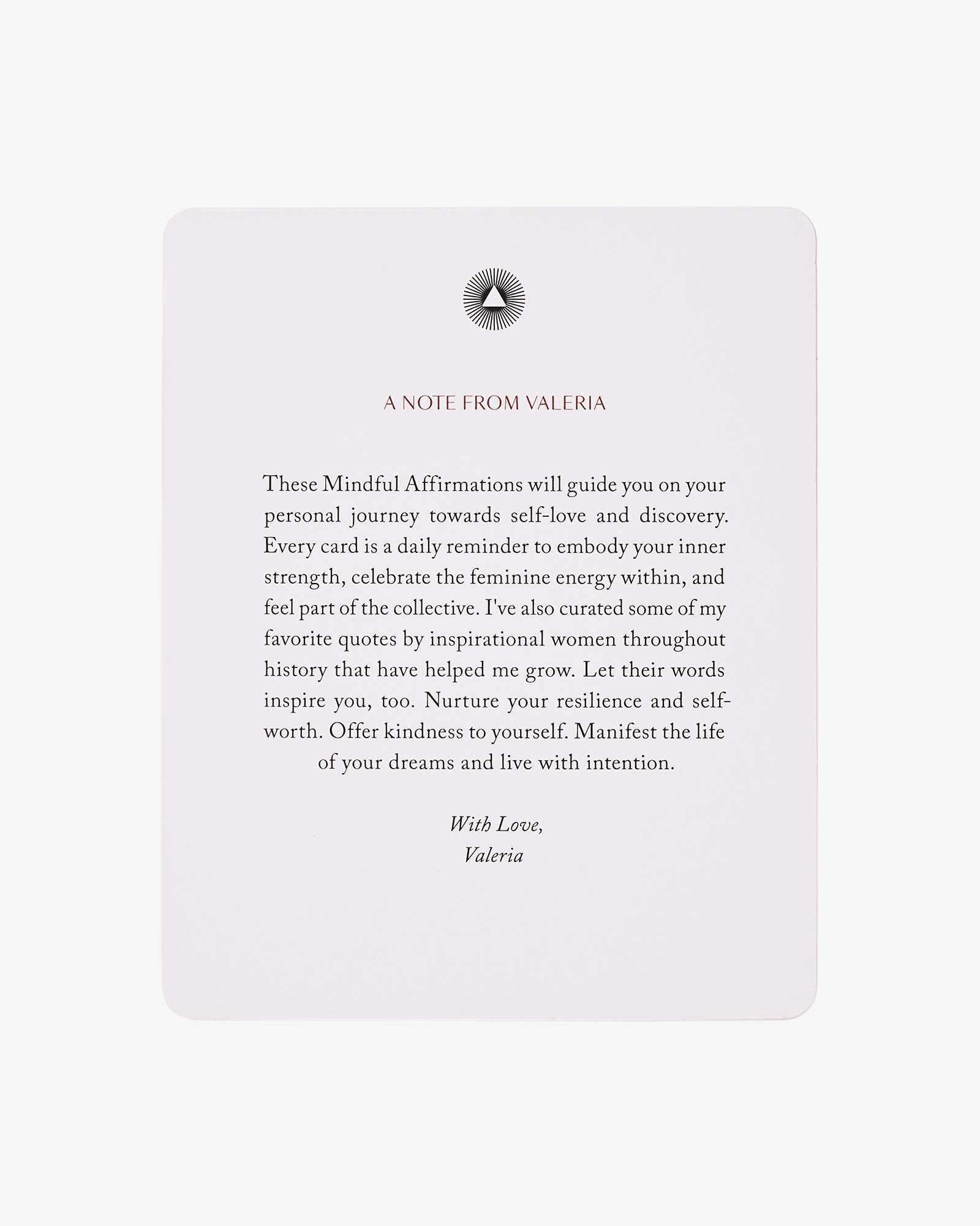 Card with text from Valeria on a white background