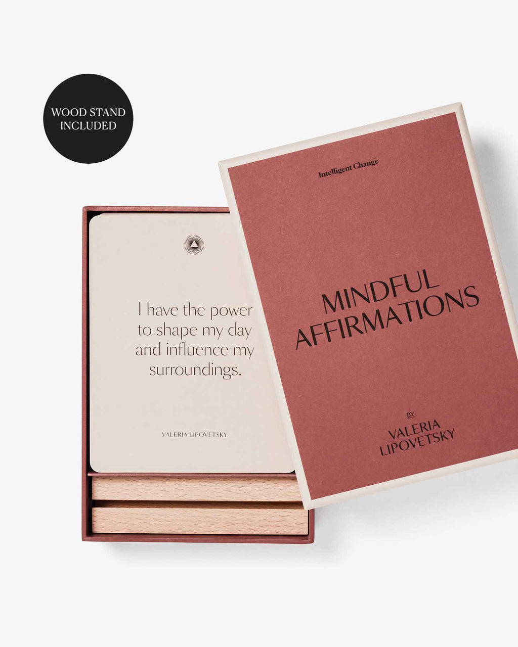 Book titled 'Mindful Affirmations' by Valeria Lipovetsky with a wooden stand included on a white background.