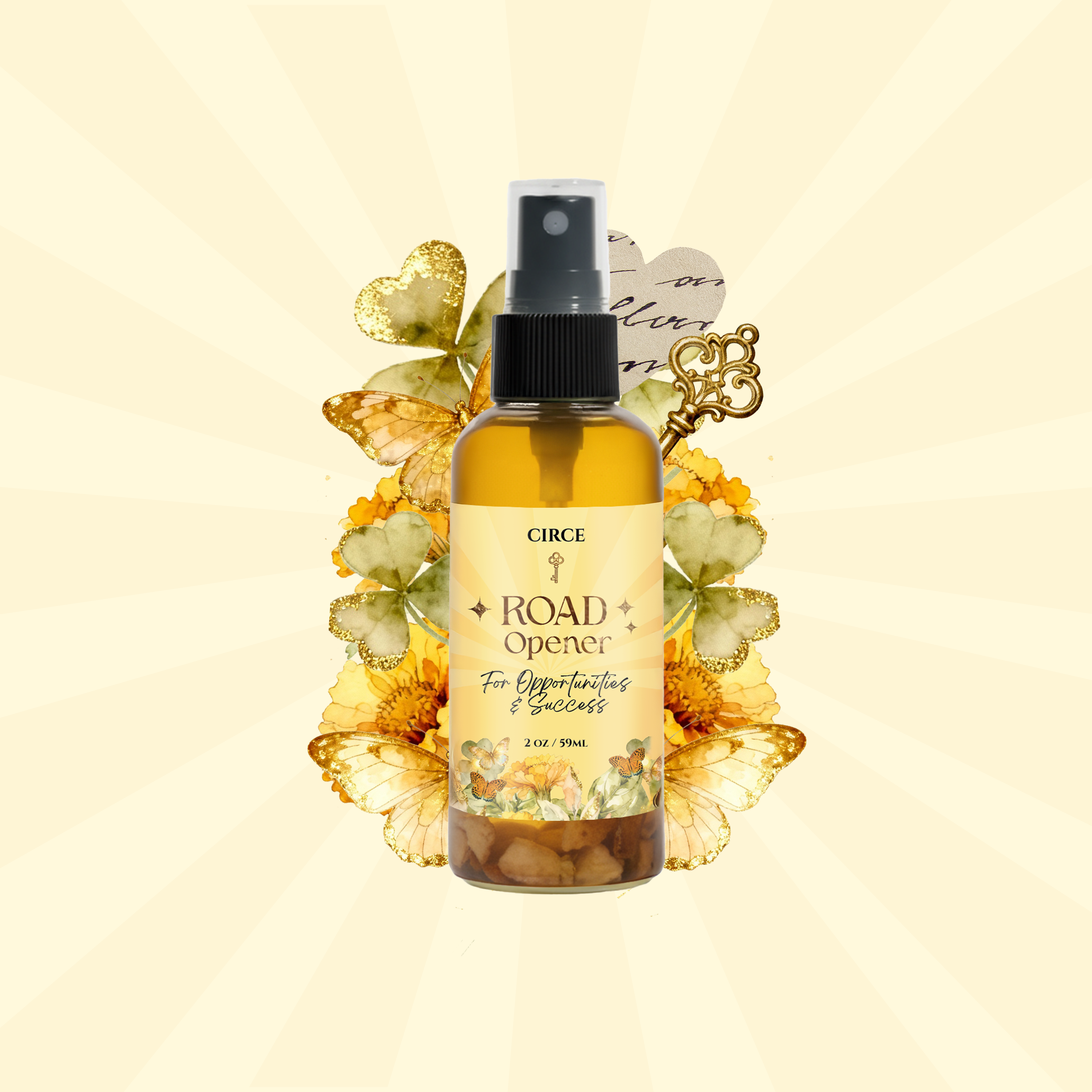 Bottle of 'Road Opener' spray with decorative elements on a beige background