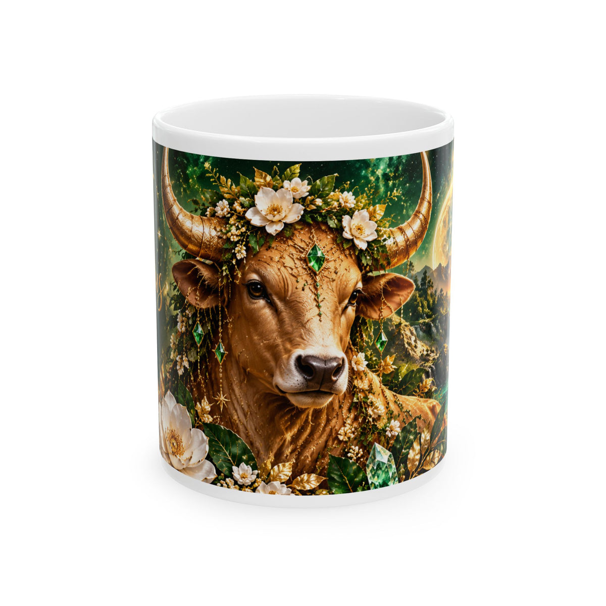 Rustic Floral Bull Ceramic Mug – Zodiac Taurus Coffee Cup (11oz/15oz) by Printify