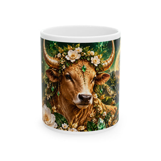 Rustic Floral Bull Ceramic Mug – Zodiac Taurus Coffee Cup (11oz/15oz) by Printify