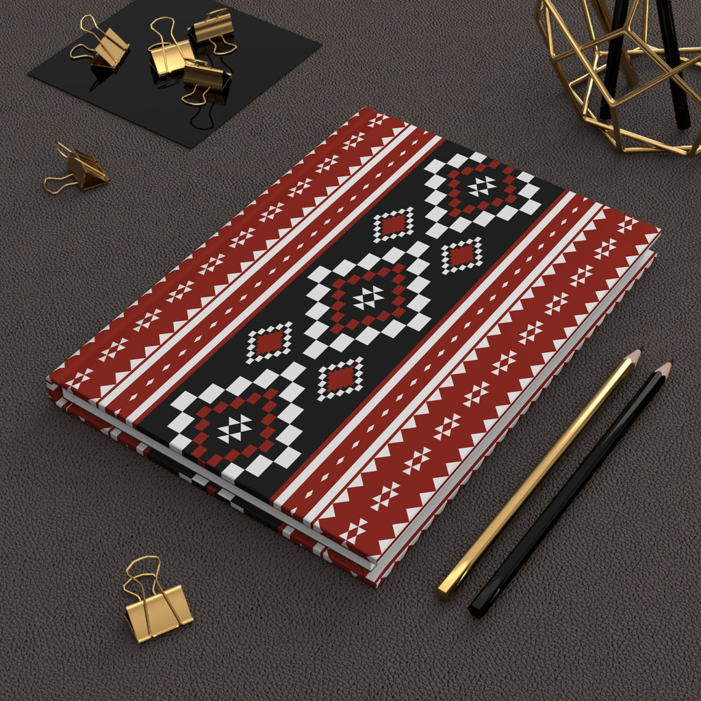 Tribal Geo Pattern Hardcover Journal — Red & Black Lined Notebook