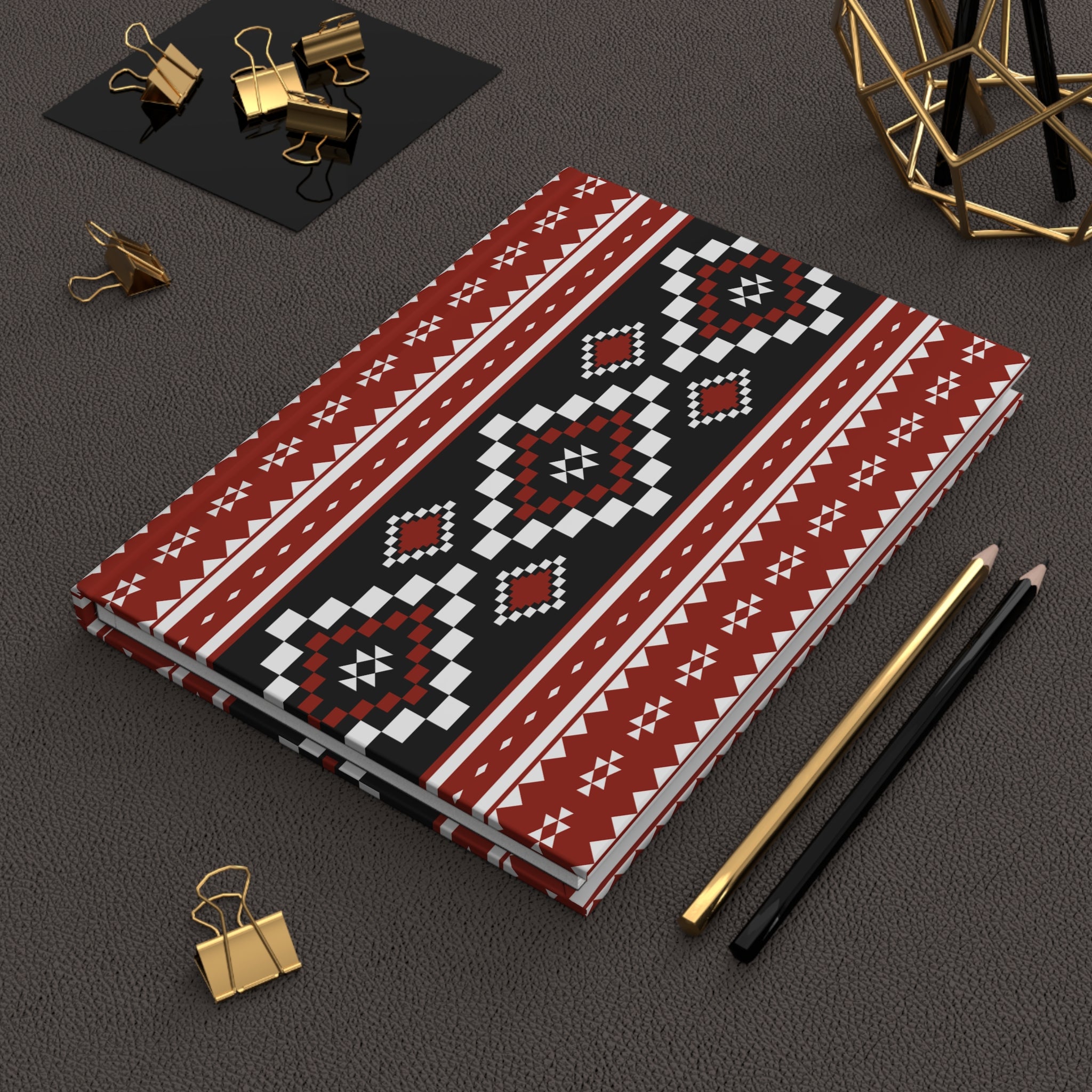 Tribal Geo Pattern Hardcover Journal — Red & Black Lined Notebook