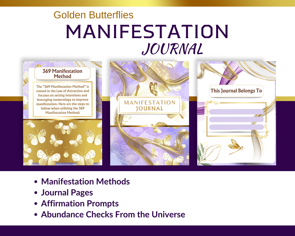 Manifestation journal with butterfly design on a purple and gold background