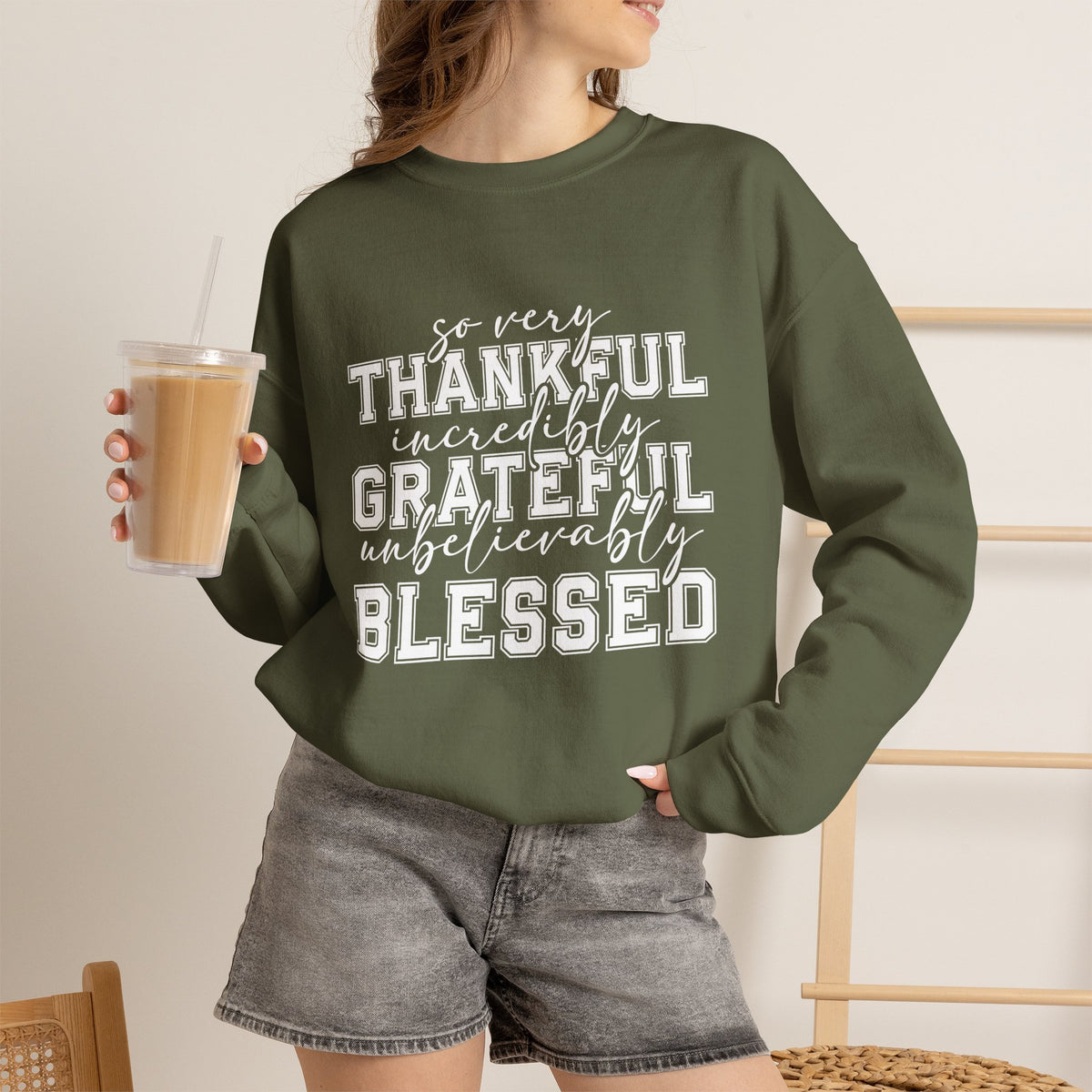 Thankful Grateful Blessed Crewneck Sweatshirt by Printify
