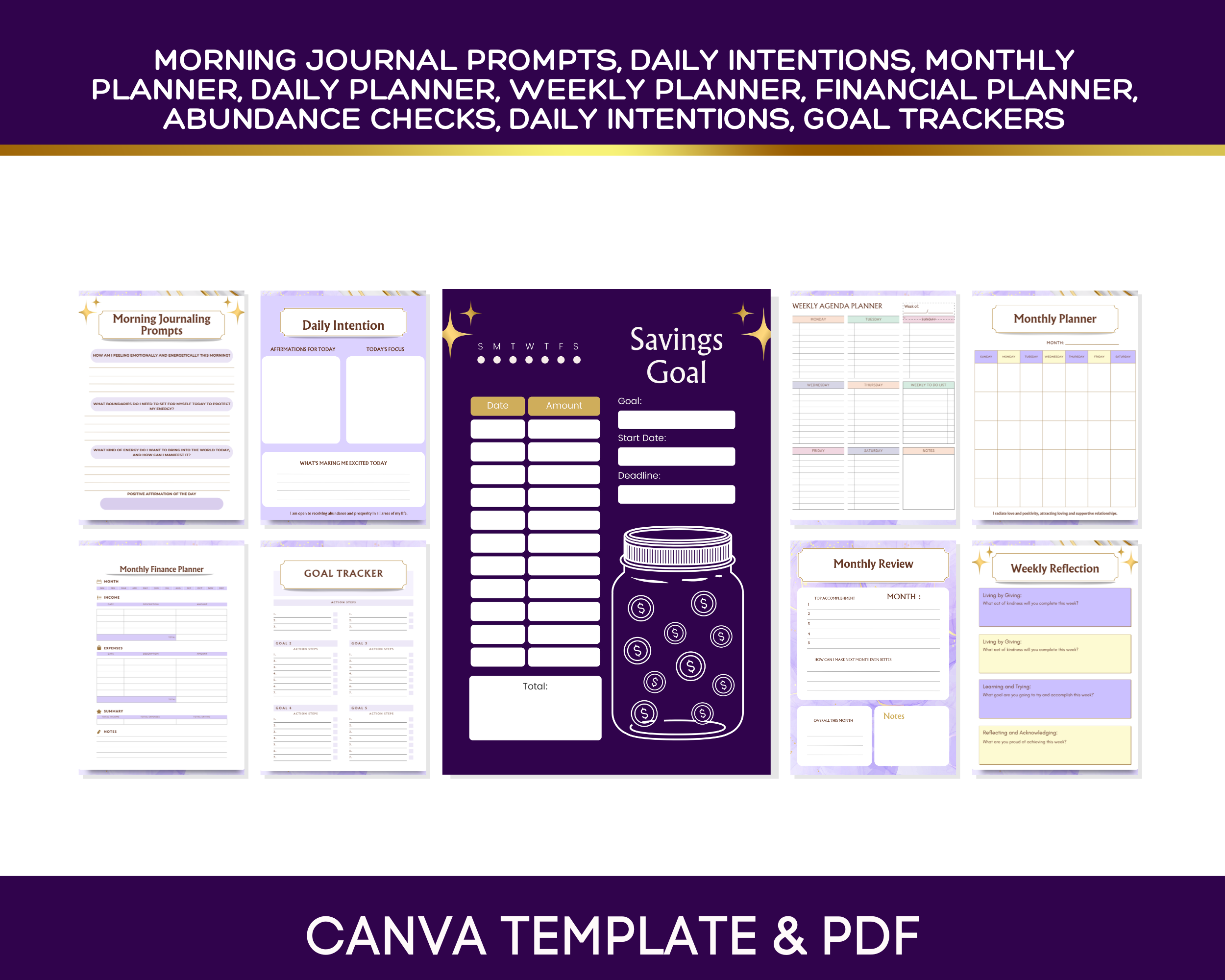 Planner template with various sections on a purple background