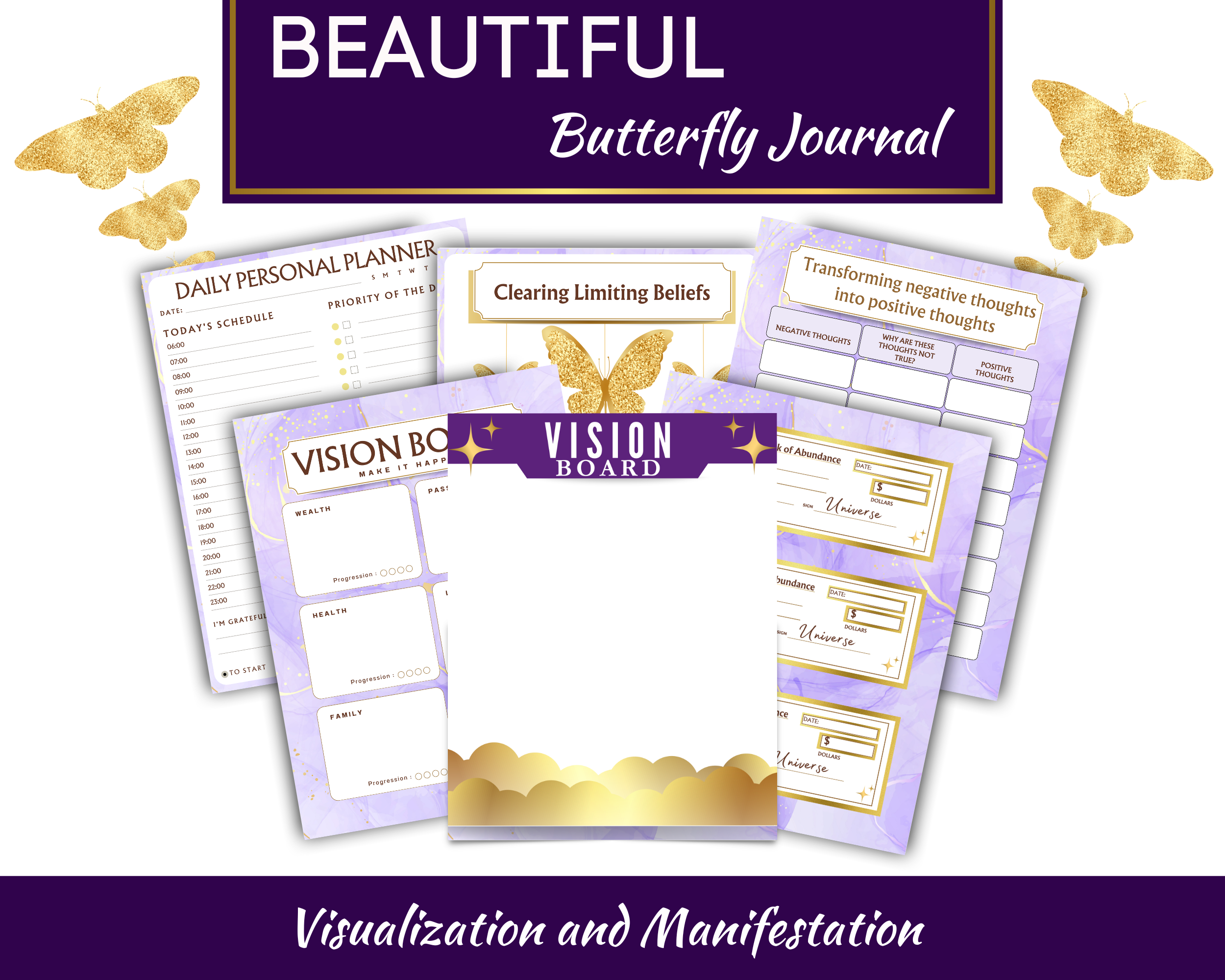 Butterfly-themed journal with various pages on a white background
