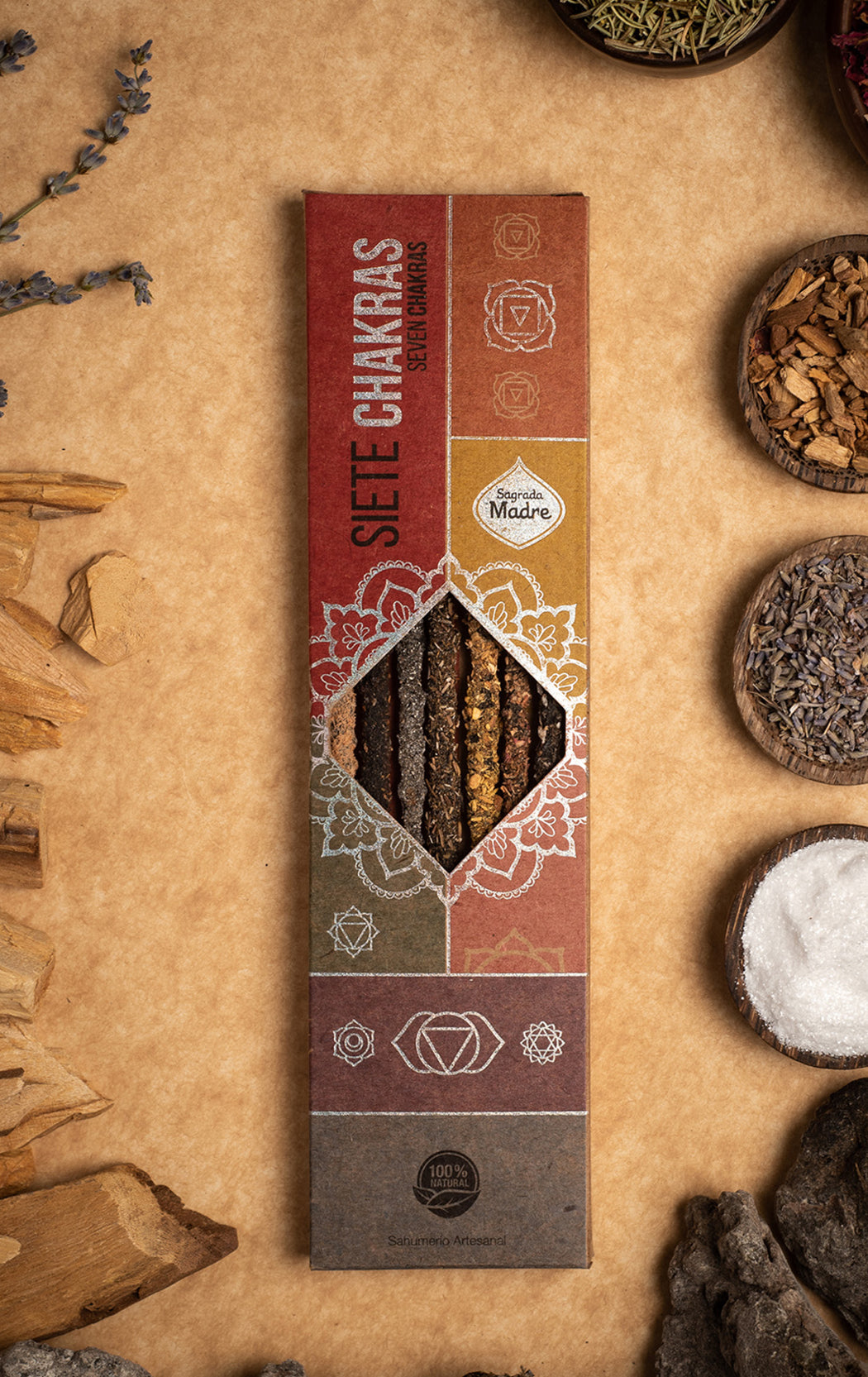Packaged product with 'Siete Chakras' branding on a textured surface with natural elements.