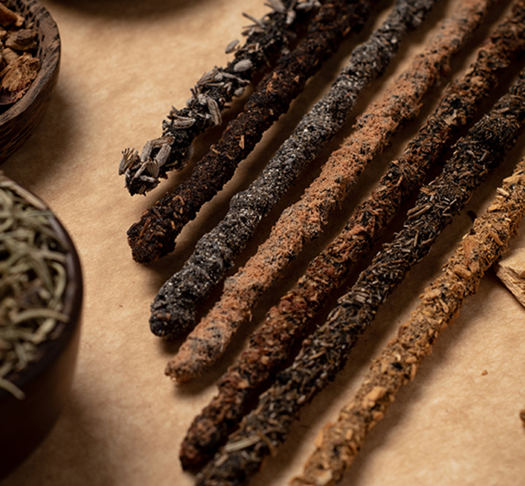 Dried herbs or roots on a textured surface