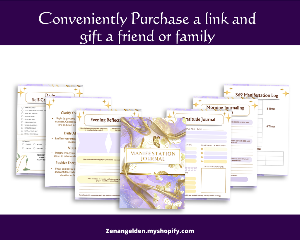 Manifestation journal with various pages on a white background, promoting the purchase of a link to share with friends or family.