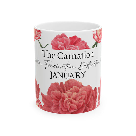 January Carnation Mug — Birth Month Flower Ceramic Coffee Cup by Printify
