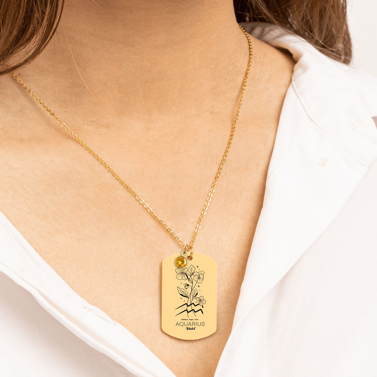 Aquarius Birth Flower Necklace, Tag Necklace with Birthstone by OwnPrint